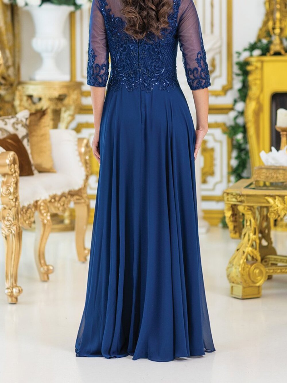 New Champagne A-Line Festive Mother Of The Bride Gown w/ 3/4 Sleeves DQ 4497 - Picture 6 of 9